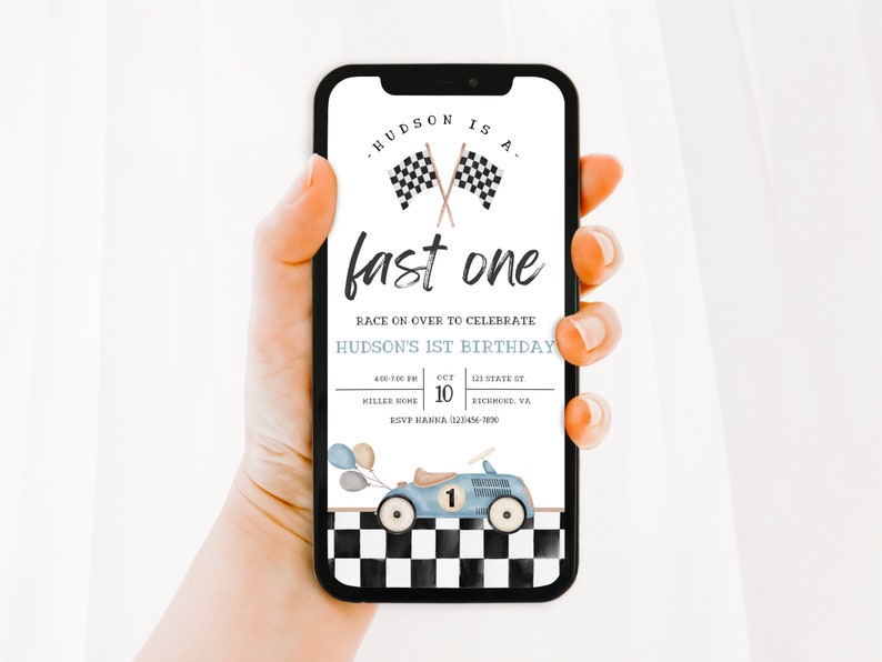 May include: A blue and white race car birthday invitation with a checkered flag background. The invitation says "Hudson is a fast one" and includes details for Hudson's 1st birthday party.