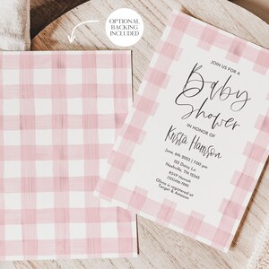 May include: Pink and white gingham baby shower invitation with the text "Join us for a Baby Shower in honor of Krista Harrison" and details for the event.