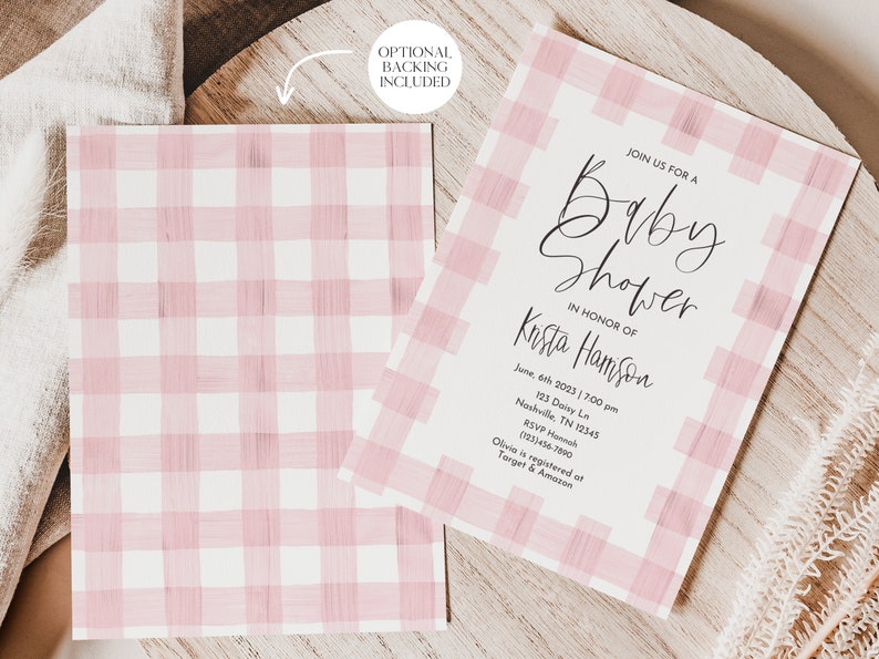 May include: Pink and white gingham baby shower invitation with the text "Join us for a Baby Shower in honor of Krista Harrison" and details for the event.