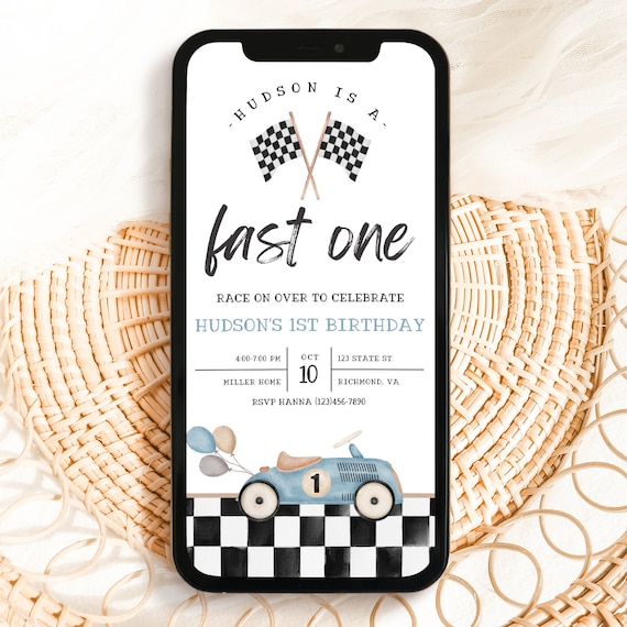 Racecar Birthday Invitation, First Birthday, Electronic Invite, Race Car Birthday, Fast One Birthday, Racing Party Invite, A137