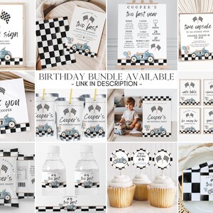 May include: A birthday party printable bundle with a race car theme. The bundle includes a custom sign, thank you cards, favor tags, water bottle labels, cupcake toppers, and a time capsule printable. The colors are blue, black, white, and yellow.