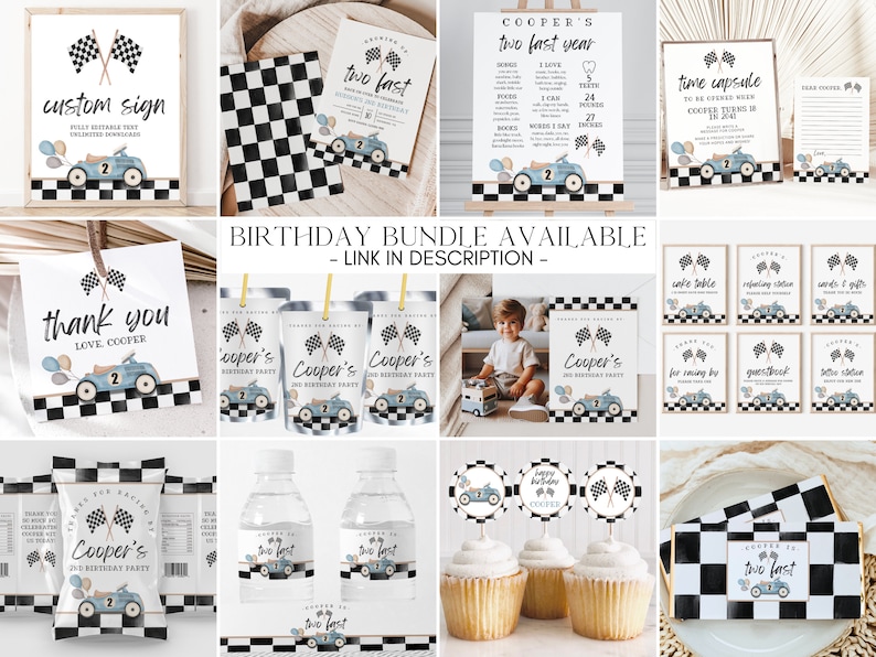 May include: A birthday party printable bundle with a race car theme. The bundle includes a custom sign, thank you cards, favor tags, water bottle labels, cupcake toppers, and a time capsule printable. The colors are blue, black, white, and yellow.