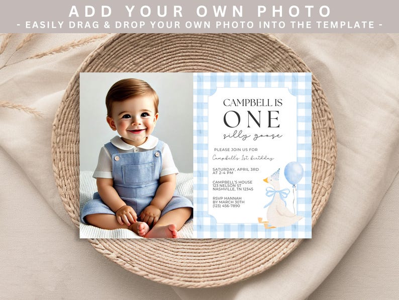 May include: A baby's first birthday invitation with a photo of the baby on the left and a blue gingham patterned design on the right. The invitation text reads "Campbell is One silly goose". A watercolor goose and balloon are also featured.