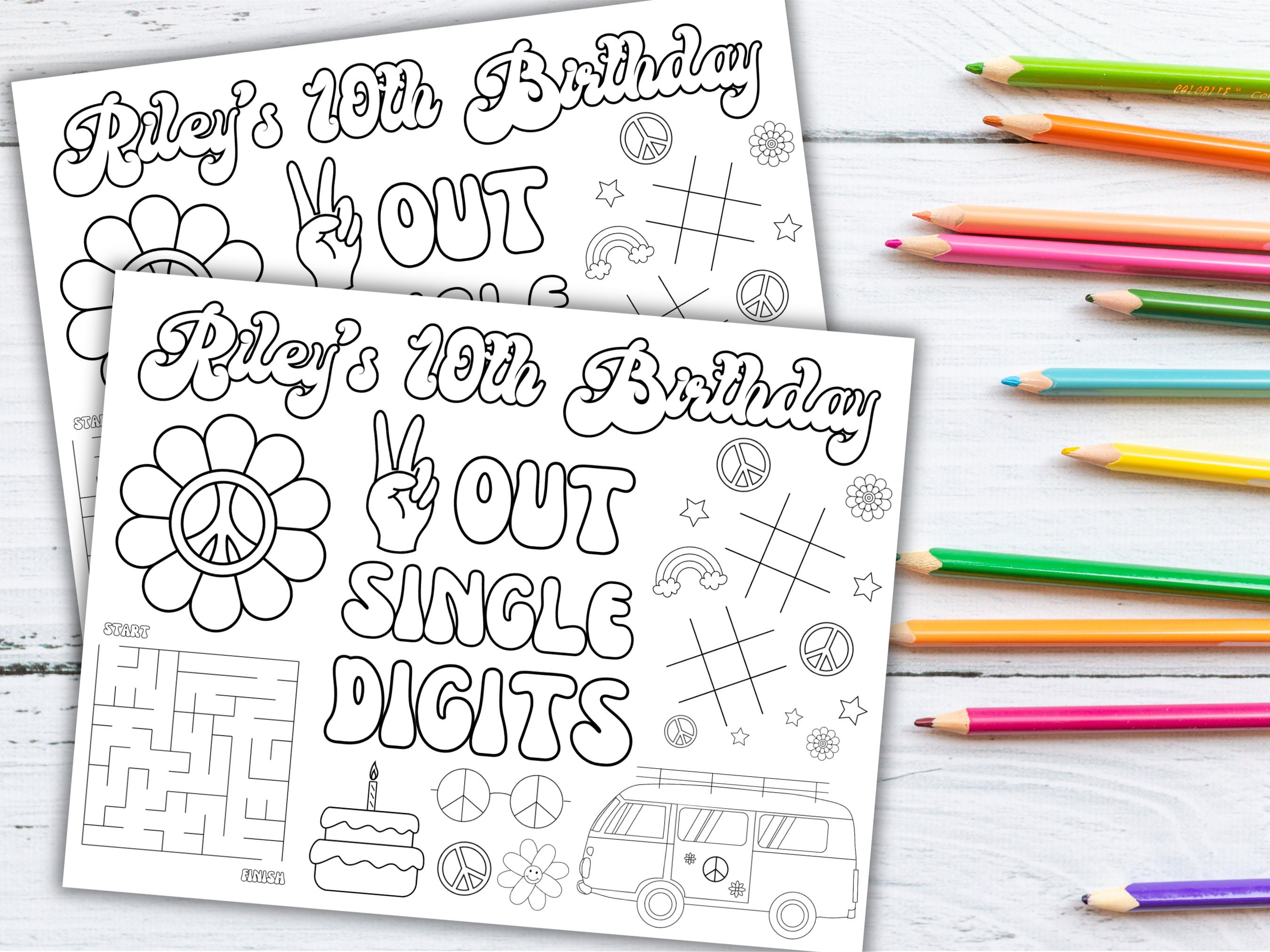 Groovy Birthday Coloring Page, Peace Out Single Digits, Groovy Party ...