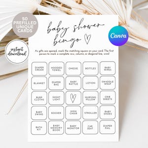 50 cartes de bingo pré-remplies pour baby shower, jeu de baby shower, jeux de baby shower, baby shower, bingo de baby shower, activité de baby shower, A141
