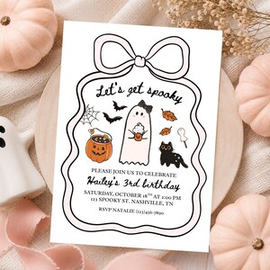 May include: A white invitation card with a pink bow design and the text "Let's get spooky." The card features Halloween-themed illustrations, including a ghost, bats, and a black cat. The invitation is for Hailey's 3rd birthday.
