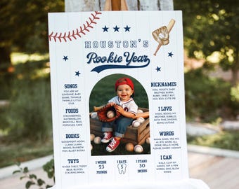 Baseball First Birthday Milestone Board Editable, Rookie Year Photo Board Printable, 1st Birthday Stats Sign, Editable Template, A105