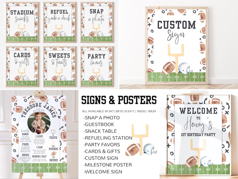 May include: Printable signs and posters for a football-themed birthday party. The signs feature a green and white football field design with brown footballs and a white helmet. The signs include "Stadium Snacks", "Refuel Grab a Drink", "Snap a Photo", "Cards & Gifts", "Sweets & Treats", "Party Favors", "Custom Sign", "Welcome to Henry's 1st Birthday Party", and a milestone poster.