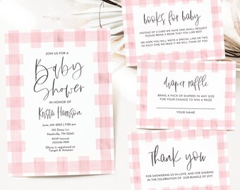 Baby Shower Invitation, Buffalo Check, Pink Gingham, Picnic Baby Shower, Girl Baby Shower, Pink Check Baby Shower, A138