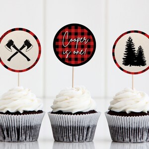 Dekoracje na babeczki Lumberjack Party | Buffalo Plaid | Dekoracje na babeczki do druku | Dekoracje na babeczki na przyjęcie urodzinowe | Kemping | Niedźwiedź | Woodland