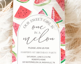 One In A Melon First Birthday Invitation, Watermelon Birthday, Watermelon Party, Watermelon Invitation, 1st Birthday, Summer Birthday, A134