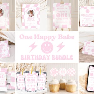 One Happy Girl Birthday Bundle Templates, One Happy Girl Party, First Birthday, Smiley Face Birthday Instant Download