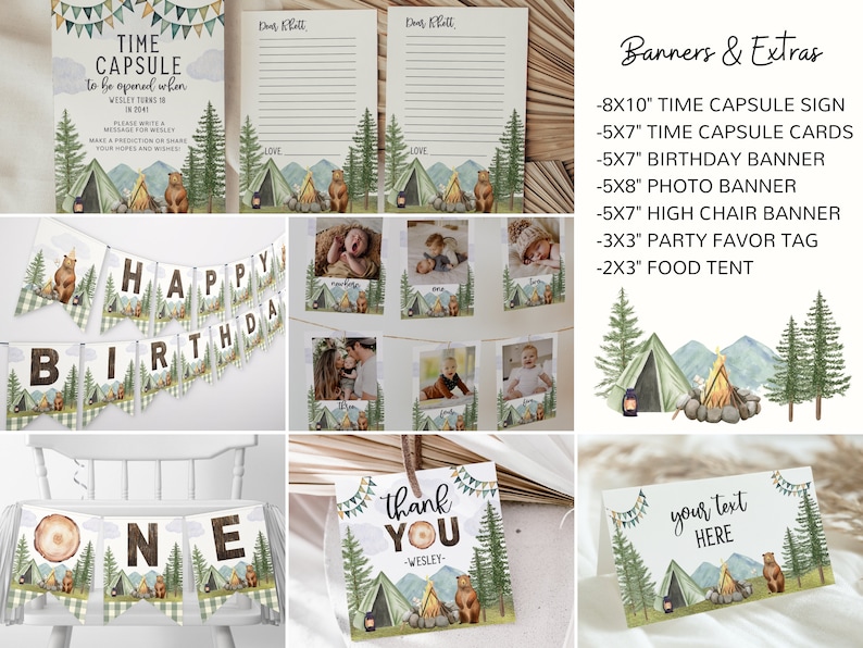 May include: A set of printable party decorations for a woodland-themed birthday party. The decorations include a banner that says "Happy Birthday", a sign that says "Time Capsule", a banner that says "One", a thank you card, and a party favour tag. The decorations feature a woodland theme with bears, trees, and camping equipment.