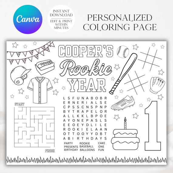Rookie Year Coloring Page, Baseball Party, Baseball Birthday, Birthday Activity, Rookie Year, Baseball Coloring, Coloring Placemat, A105