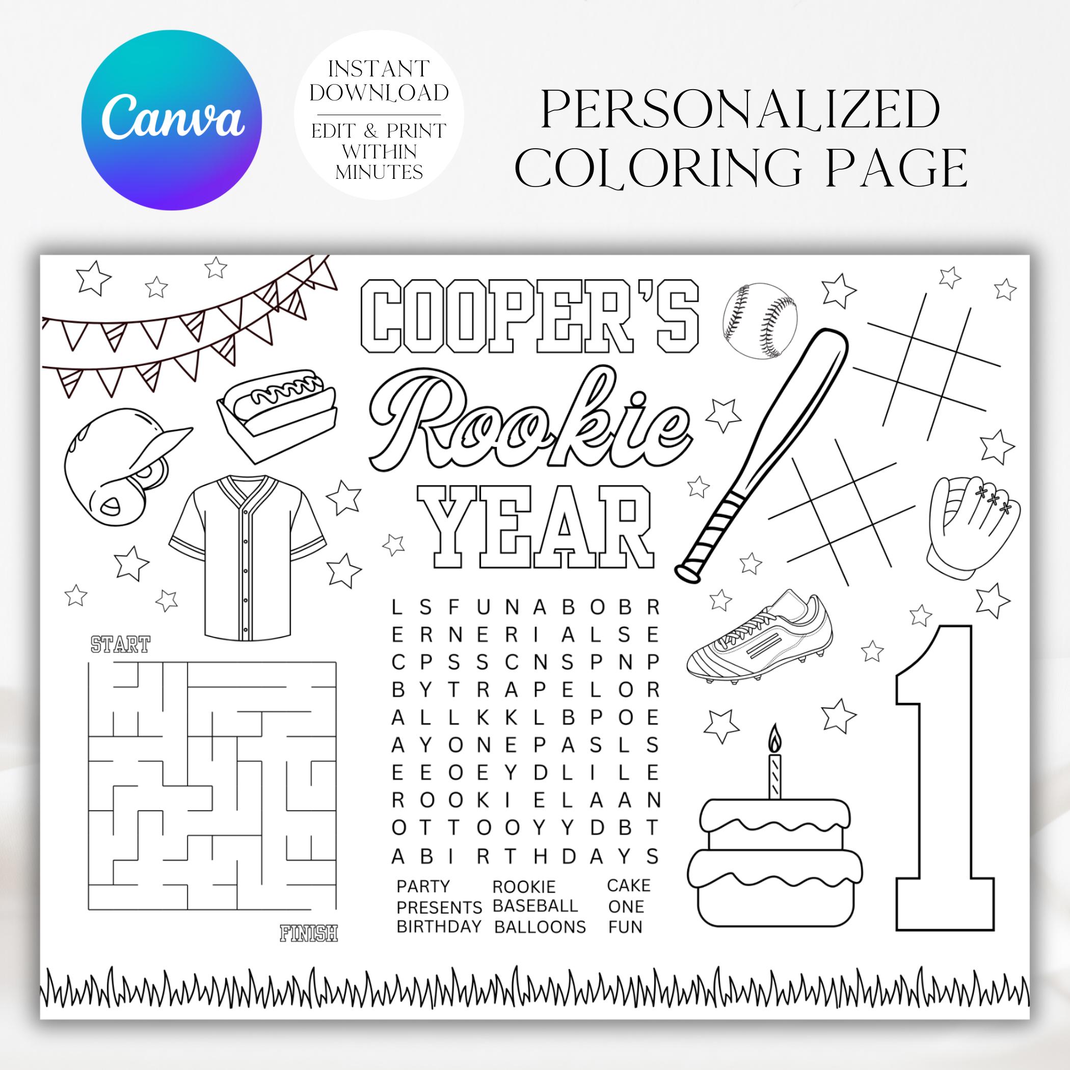 Rookie Year Coloring Page, Baseball Party, Baseball Birthday, Birthday Activity, Rookie Year, Baseball Coloring, Coloring Placemat, A105