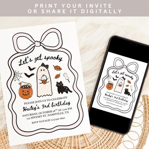May include: A Halloween-themed invitation with the text "Let's get spooky" and illustrations of a ghost, bats, and a pumpkin. The invitation is for a 3rd birthday party. The design is also displayed on a smartphone.