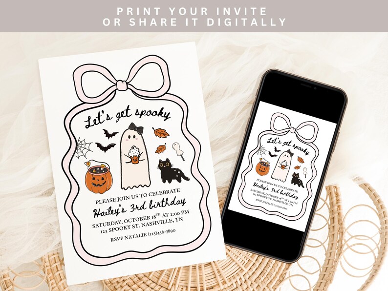 May include: A Halloween-themed invitation with the text "Let's get spooky" and illustrations of a ghost, bats, and a pumpkin. The invitation is for a 3rd birthday party. The design is also displayed on a smartphone.