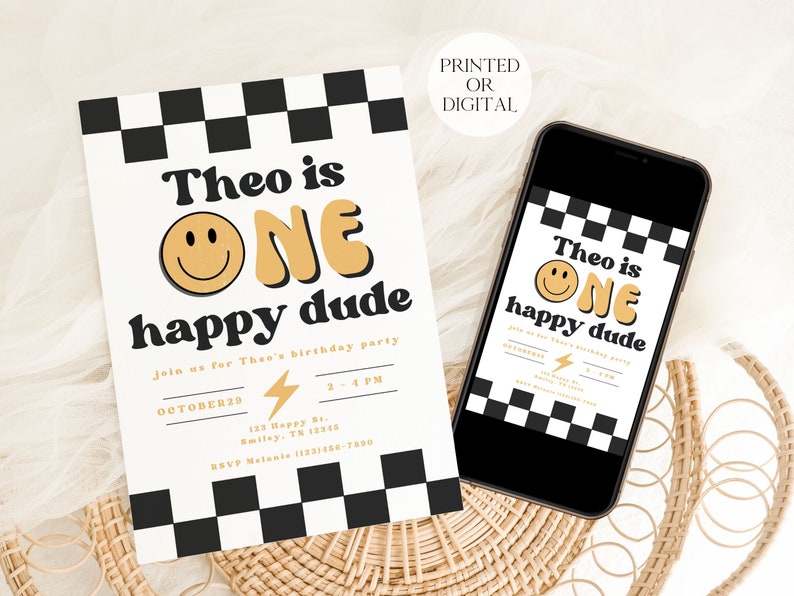 One Happy Dude 1st Birthday Invitation Boy First Birthday Happy Dude Birthday Editable Invitation Smiley Face Invite A104 image 4