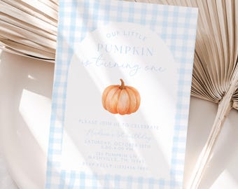 Blue Gingham Pumpkin Birthday Invitation Template, Instant Download (5x7" & Digital Invite) A175