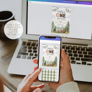 May include: A digital design for a birthday invitation featuring a woodland theme with a bear, a tent, and a campfire. The text on the invitation reads "Waglay is One Happy Camper".