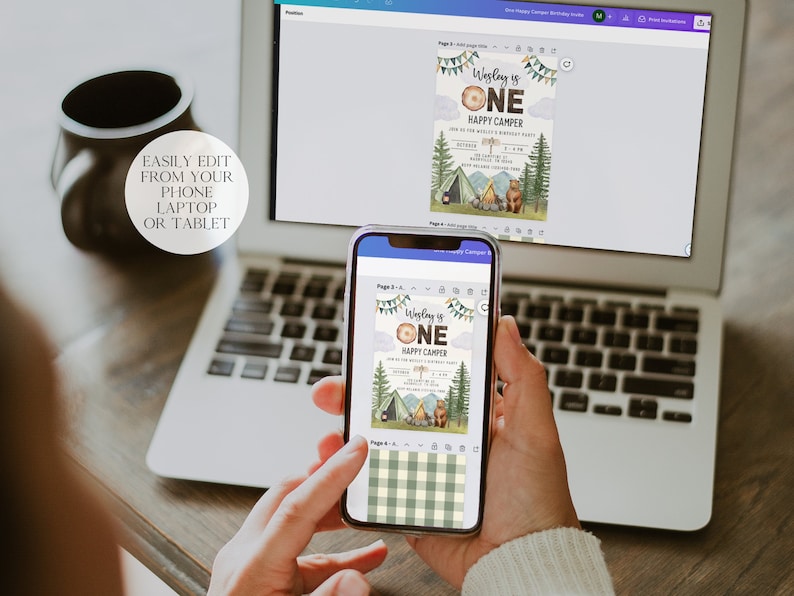 May include: A digital design for a birthday invitation featuring a woodland theme with a bear, a tent, and a campfire. The text on the invitation reads "Waglay is One Happy Camper".