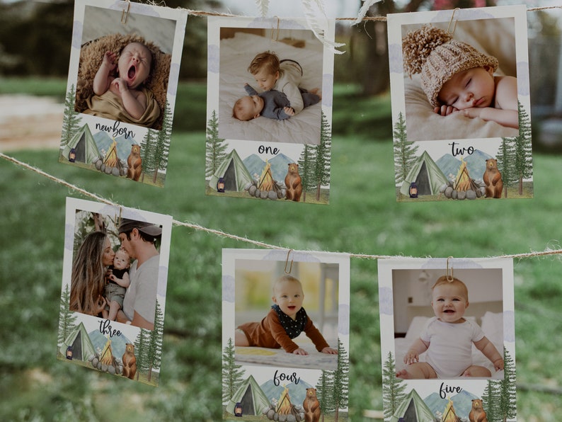May include: A set of 6 printable photo cards with a woodland theme. Each card features a photo of a baby at different ages, from newborn to five years old. The cards are decorated with a campfire, tent, and bear.