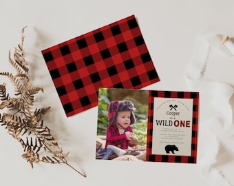 Invitación a la fiesta de cumpleaños del leñador / Wild One / Plantilla de invitación a la fiesta de cumpleaños / Buffalo Plaid / Primera invitación de cumpleaños / Camping