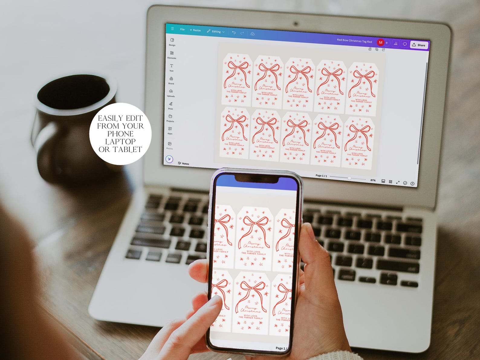 Printable Red Bow Christmas Gift Tags, Editable Template, Holiday Gift