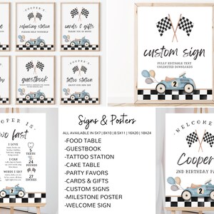 May include: A set of printable signs for a race car themed birthday party. The signs feature a blue race car with a checkered flag background. The signs include "Welcome to Cooper's 2nd Birthday Party", "Cake Table", "Guestbook", "Tattoo Station", "Refueling Station", "Cards & Gifts", and "Thank You for Racing By".