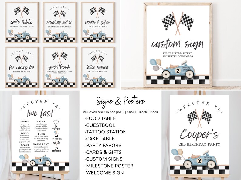 May include: A set of printable signs for a race car themed birthday party. The signs feature a blue race car with a checkered flag background. The signs include "Welcome to Cooper's 2nd Birthday Party", "Cake Table", "Guestbook", "Tattoo Station", "Refueling Station", "Cards & Gifts", and "Thank You for Racing By".
