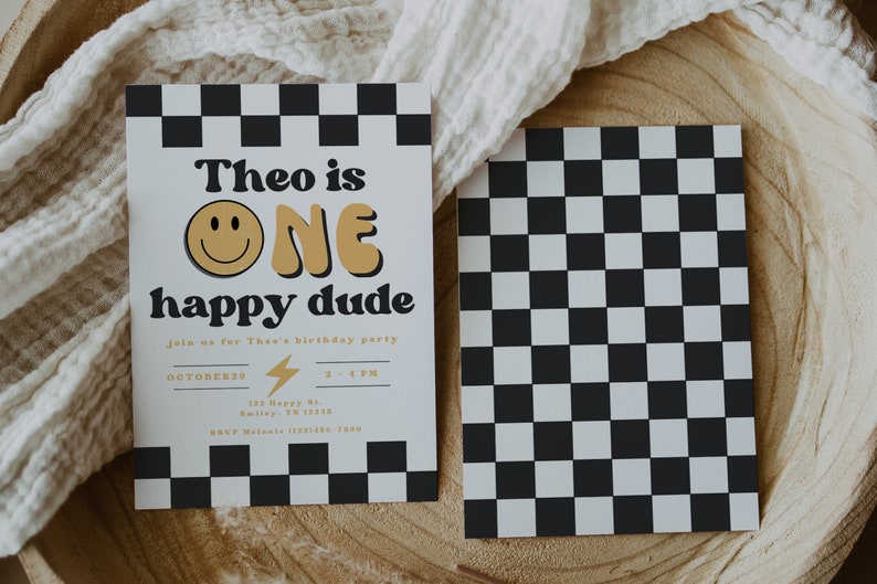 One Happy Dude 1st Birthday Invitation Boy First Birthday Happy Dude Birthday Editable Invitation Smiley Face Invite A104 image 1