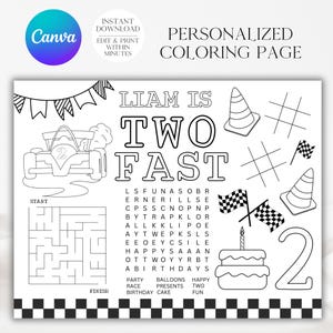 Kleurplaat racewagen verjaardag, twee snelle verjaardag, gepersonaliseerde kleurplaat, placemat inkleuren, kleurplaat racewagen, autokleuring, A137