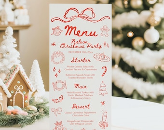 Christmas Hand Drawn Holiday Dinner Party Menu, Instant Download, Editable Template, (4x9") A183