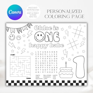 Une page à colorier Happy Babe, 1er anniversaire, joyeux anniversaire de bébé, coloriage imprimable smiley