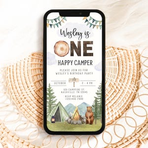 Un modèle d'invitation numérique pour le premier anniversaire d'un campeur heureux, anniversaire de camping, premier anniversaire, joyeux campeur, invitation de joyeux campeur, A106