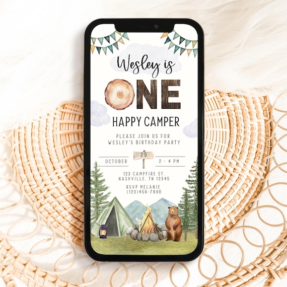 One Happy Camper First Birthday Digital Invitation Template, Camping Birthday, First Birthday, Happy Camper, Happy Camper Invite, A106