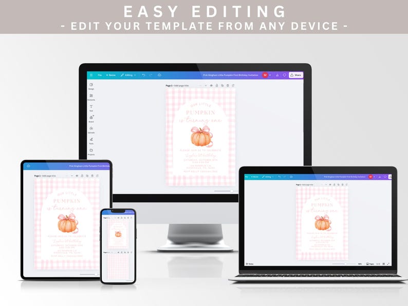 May include: A digital invitation template displayed on a desktop computer, laptop, tablet, and smartphone. The invitation features a pink gingham background and a pumpkin graphic with the text "Little Pumpkin is Turning One."