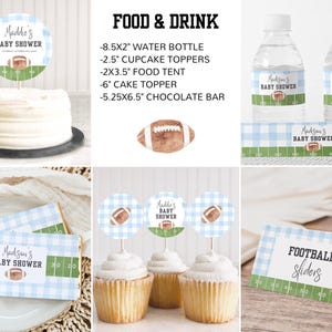 May include: A collection of baby shower decorations with a football theme. Includes water bottle labels, cupcake toppers, food tents, a cake topper, and chocolate bar wrappers. The designs feature a football graphic and the text "Maddie's Baby Shower."