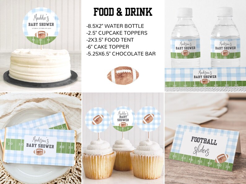 May include: A collection of baby shower decorations with a football theme. Includes water bottle labels, cupcake toppers, food tents, a cake topper, and chocolate bar wrappers. The designs feature a football graphic and the text "Maddie's Baby Shower."