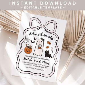 May include: A Halloween-themed invitation with the text "Let's get spooky" and illustrations of a pumpkin, ghost, bats, and a black cat. The invitation is for Hailey's 3rd birthday, with the date, time, and location details.
