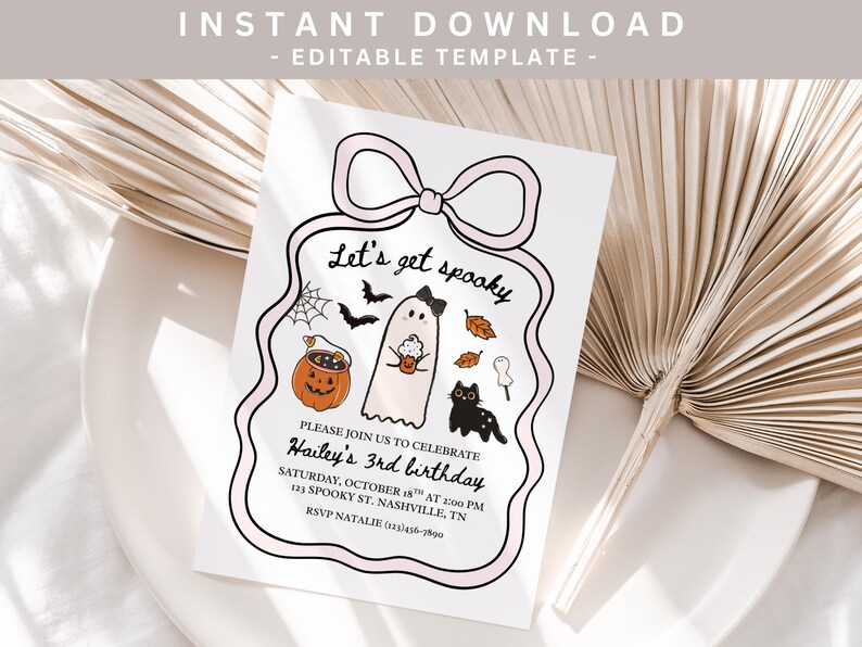 May include: A Halloween-themed invitation with the text "Let's get spooky" and illustrations of a pumpkin, ghost, bats, and a black cat. The invitation is for Hailey's 3rd birthday, with the date, time, and location details.