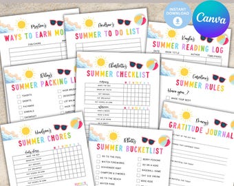Planificador de verano infantil imprimible 2025, Planificador mensual infantil, Calendario imprimible, Tareas de verano, Lista de deseos de verano, Horario de verano, Editable
