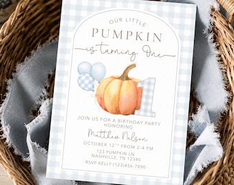 Pumpkin 1st Birthday Invitation, Our Little Pumpkin is Turning One, Boy First Birthday Invite, Fall Birthday, Pumpkin Party, A200