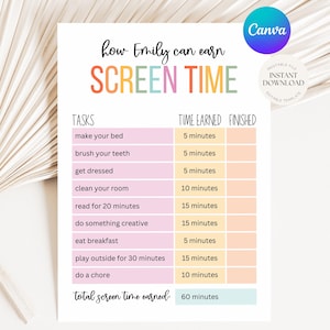 Drukowany rejestr czasu spędzanego przed ekranem dla dzieci, wykres czasu spędzanego przed ekranem, lista kontrolna czasu spędzanego przed ekranem, lista kontrolna czasu spędzanego przed ekranem, zyskaj czas spędzany przed ekranem, natychmiastowe pobieranie