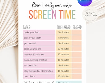 Printable Screen Time Tracker For Kids, Screen Time Chart, Screentime Checklist, Screen Time Checklist, Earn Screen Time, Instant Download