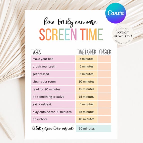 Printable Screen Time Tracker For Kids, Screen Time Chart, Screentime Checklist, Screen Time Checklist, Earn Screen Time, Instant Download