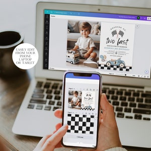 May include: A laptop computer screen shows a digital design for a birthday invitation. The invitation is for a boy's second birthday and features a blue race car with the text "Growing Up Two Fast". A smartphone is in the foreground, showing a checkered pattern and the same invitation design.