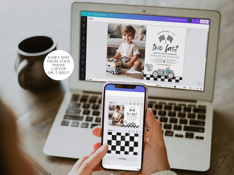 May include: A laptop computer screen shows a digital design for a birthday invitation. The invitation is for a boy's second birthday and features a blue race car with the text "Growing Up Two Fast". A smartphone is in the foreground, showing a checkered pattern and the same invitation design.