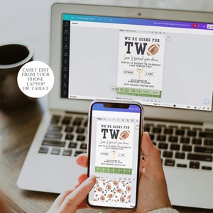 May include: A laptop and a smartphone displaying a digital invitation for a football-themed second birthday party. The invitation features a brown football with the text "We're Going For Two".