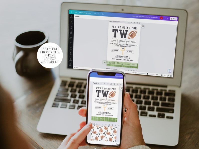 May include: A laptop and a smartphone displaying a digital invitation for a football-themed second birthday party. The invitation features a brown football with the text "We're Going For Two".